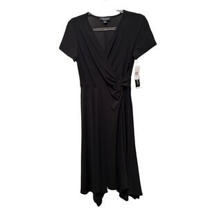 Perceptions New York Black Short Sleeve Twist Front V Neck Dress Womens Size M